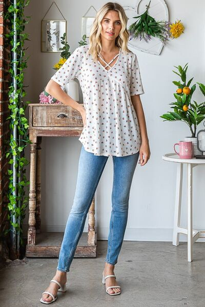 Heimish Full Size Crisscross Ditsy Floral Babydoll Top plus Size