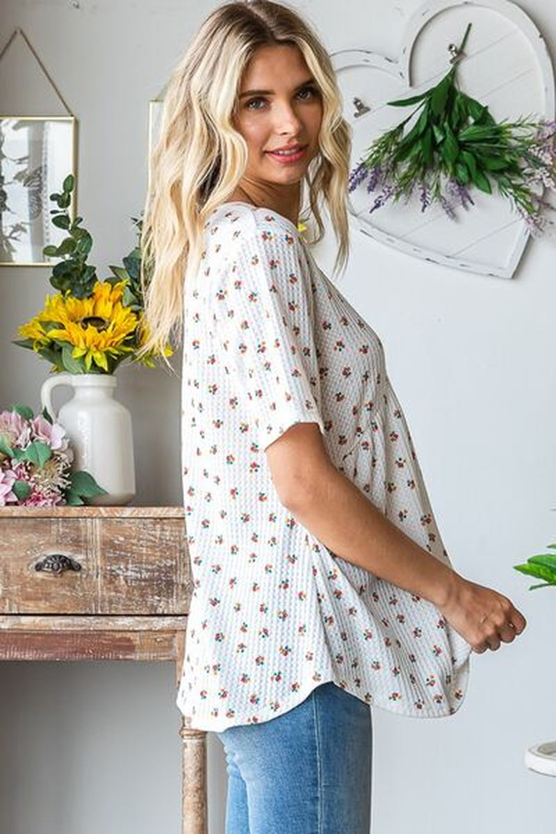 Heimish Full Size Crisscross Ditsy Floral Babydoll Top plus Size
