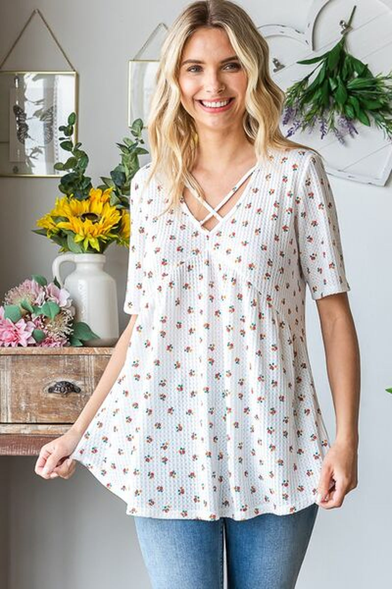 Heimish Full Size Crisscross Ditsy Floral Babydoll Top plus Size