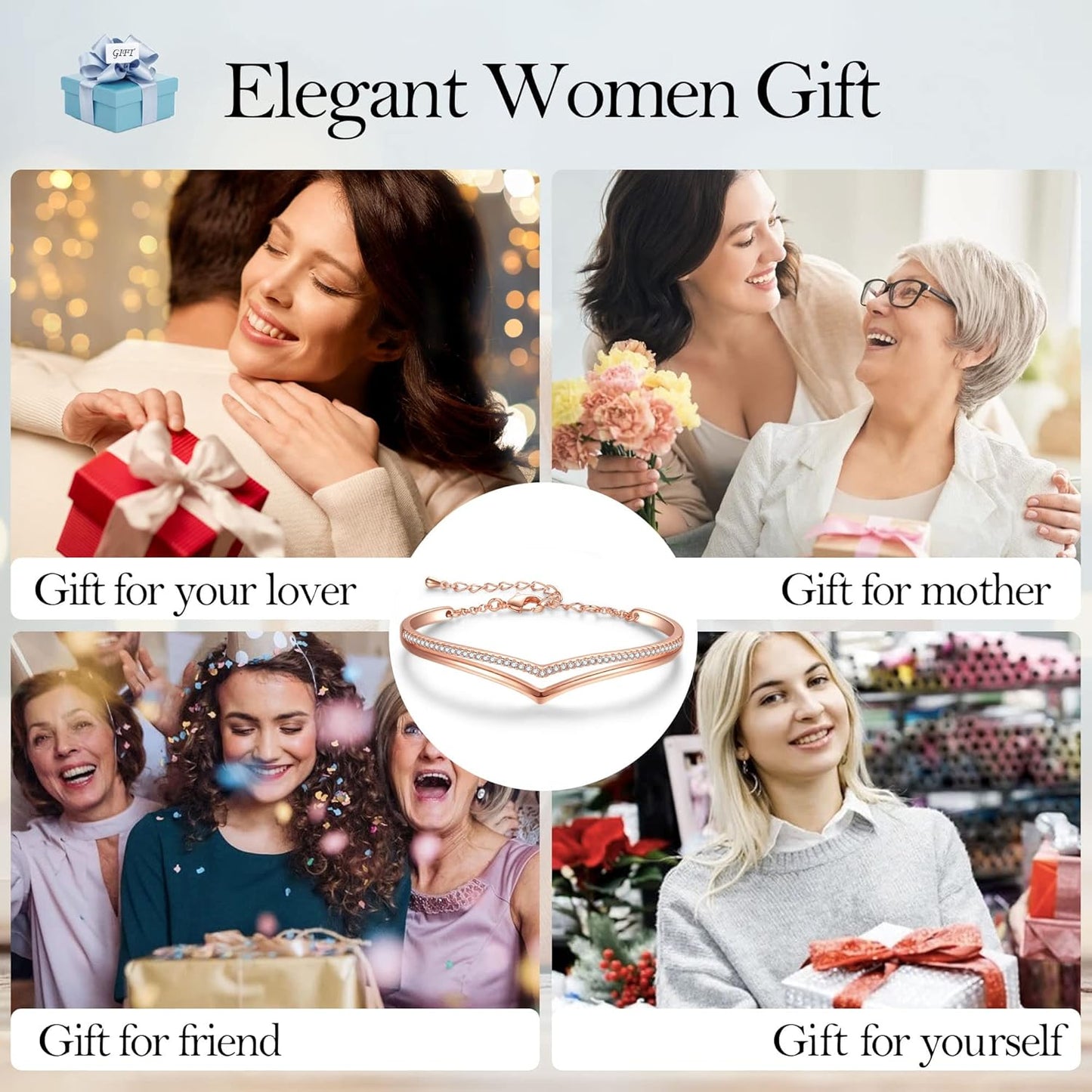 Minimalistic Bracelets for Women White/Rose Gold Plated Charm Silver Tone Bracelet 5A Cubic Zirconia Jewelry Christmas Birthday Valentine Mother'S Day Gifts for Mom Women Wife Her