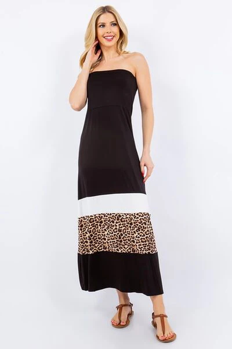 Celeste Full Size Leopard Color Block Tube Maxi Dress plus Size