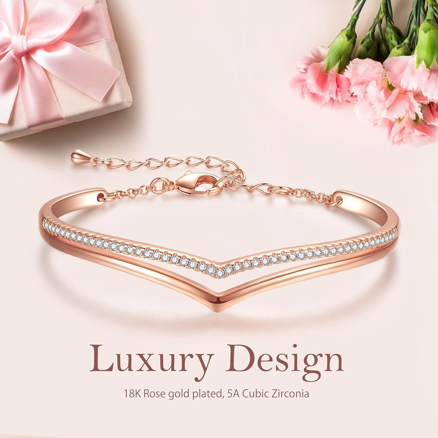 Minimalistic Bracelets for Women White/Rose Gold Plated Charm Silver Tone Bracelet 5A Cubic Zirconia Jewelry Christmas Birthday Valentine Mother'S Day Gifts for Mom Women Wife Her