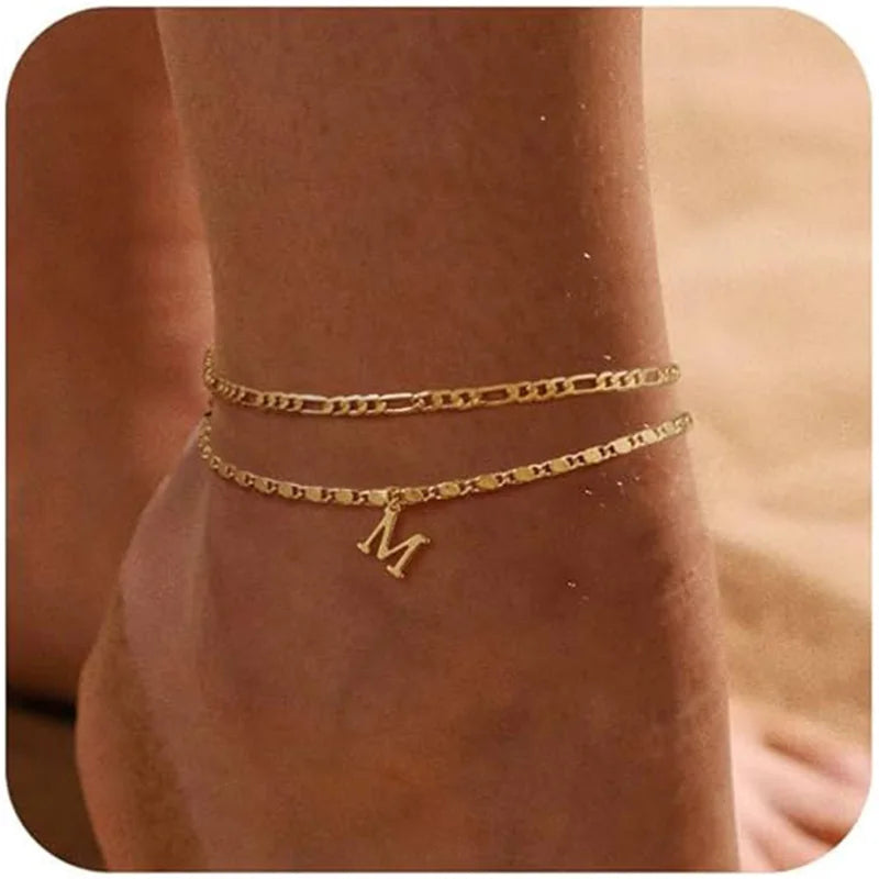 Initial Layered Waterproof Anklet Bracelets on Leg Layering Thin Figaro Letter Anklets Summer Jewelry Gifts for Women Teen Girls