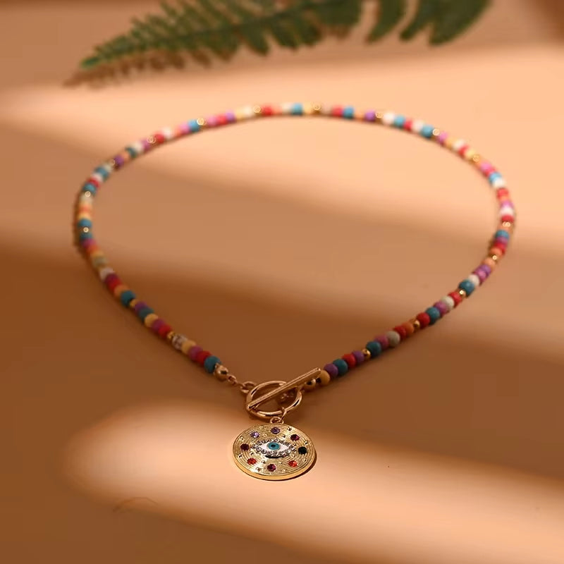 4Mm Colorful Stone Choker Necklace for Women, round Evil Eye Charm Pendant, Devil Eye Pendant, Fashion Daily Jewelry