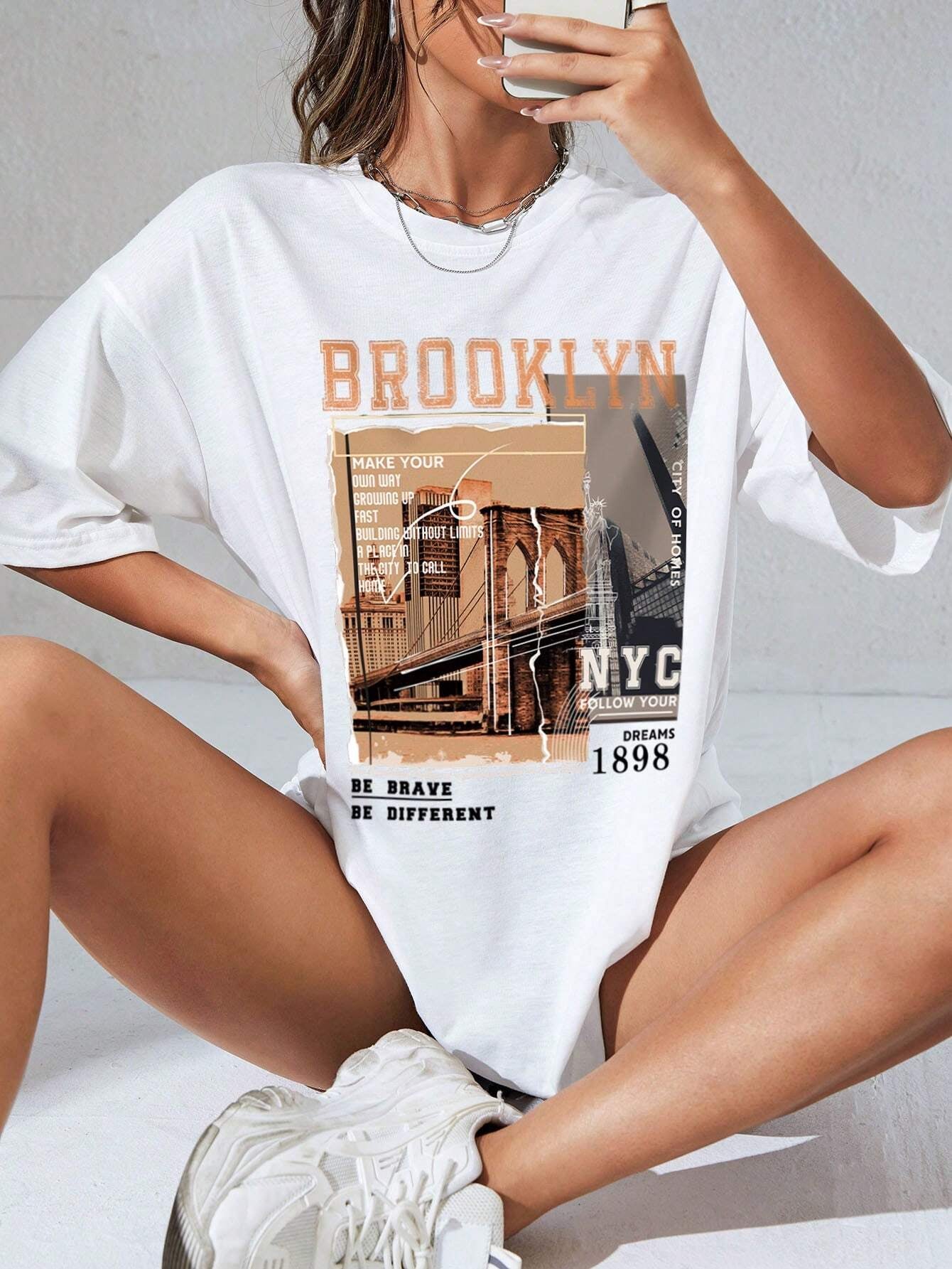 INAWLY Street View and Slogan Graphic Drop Shoulder Tee MAKE YOUR OWN WAY GROWING up FAST BUILDING without LIMITS a PLACE in the CITY to CALL HOME CITY of HOMES NYC FOLLOW YOUR DREAMS 1898 the Brooklyn Bridge Is a Famous Sight in New York BE BRAVE BE DIFFERENT Graphic Tees Women Tops