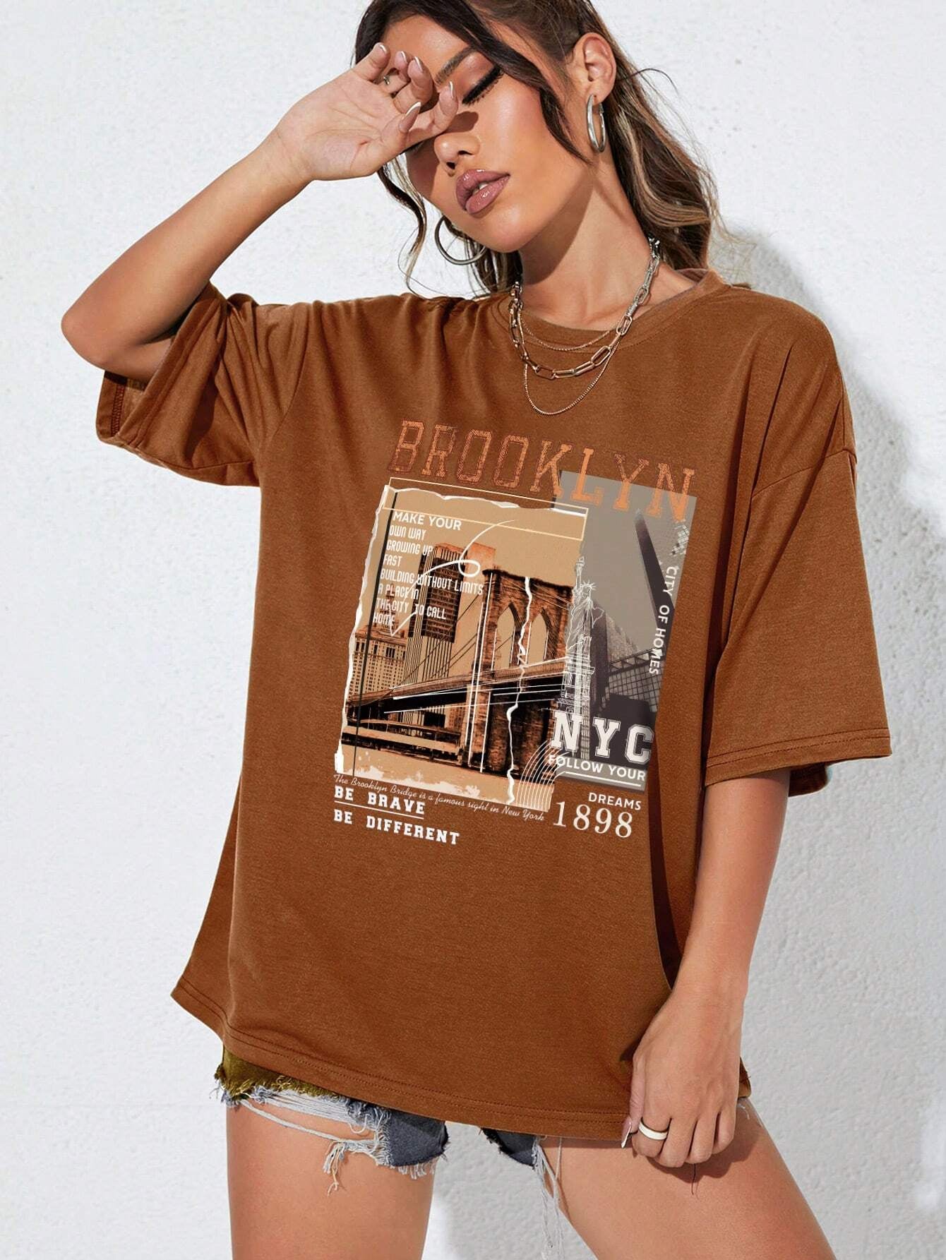 INAWLY Street View and Slogan Graphic Drop Shoulder Tee MAKE YOUR OWN WAY GROWING up FAST BUILDING without LIMITS a PLACE in the CITY to CALL HOME CITY of HOMES NYC FOLLOW YOUR DREAMS 1898 the Brooklyn Bridge Is a Famous Sight in New York BE BRAVE BE DIFFERENT Graphic Tees Women Tops