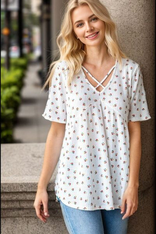 Heimish Full Size Crisscross Ditsy Floral Babydoll Top plus Size