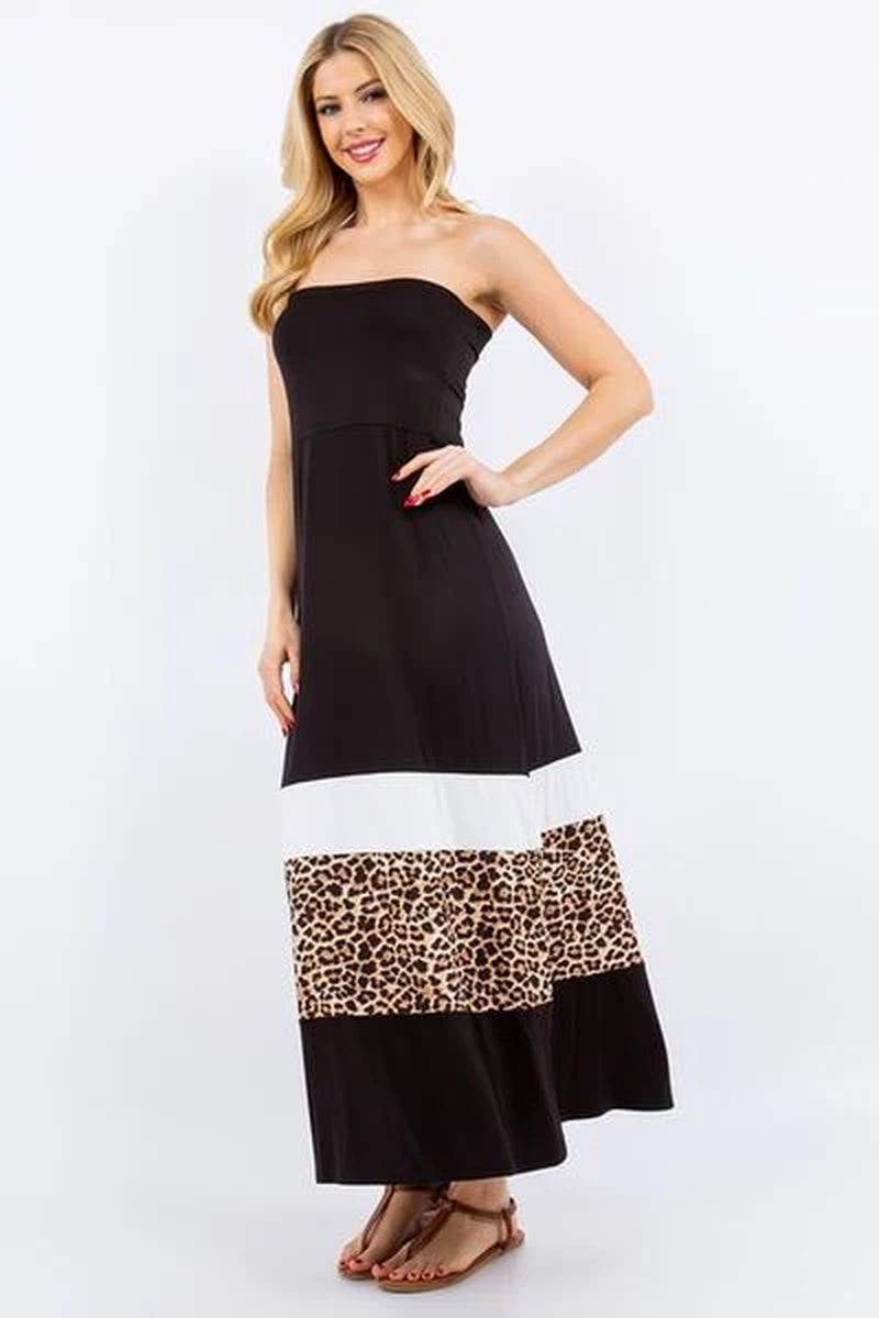 Celeste Full Size Leopard Color Block Tube Maxi Dress plus Size