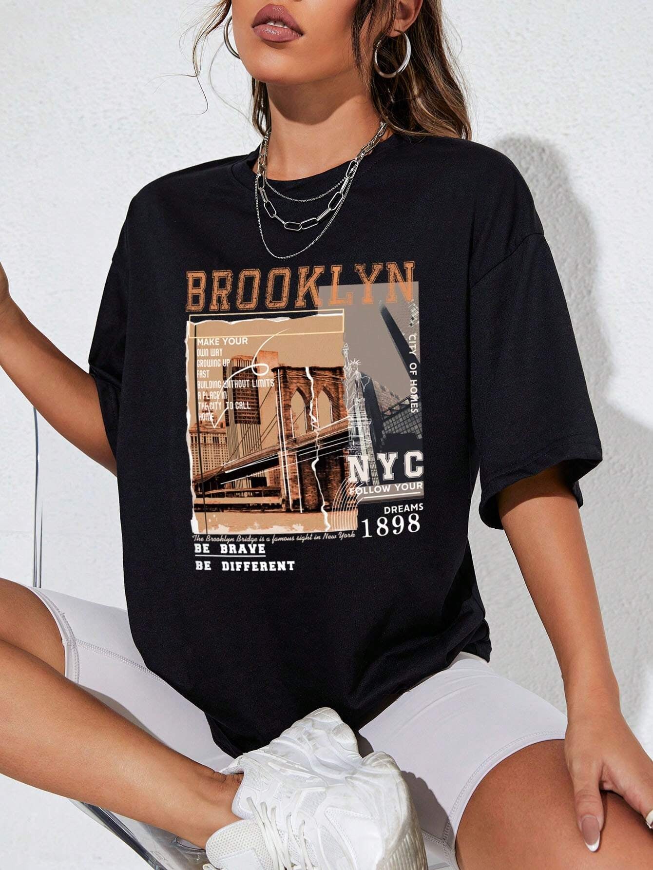 INAWLY Street View and Slogan Graphic Drop Shoulder Tee MAKE YOUR OWN WAY GROWING up FAST BUILDING without LIMITS a PLACE in the CITY to CALL HOME CITY of HOMES NYC FOLLOW YOUR DREAMS 1898 the Brooklyn Bridge Is a Famous Sight in New York BE BRAVE BE DIFFERENT Graphic Tees Women Tops