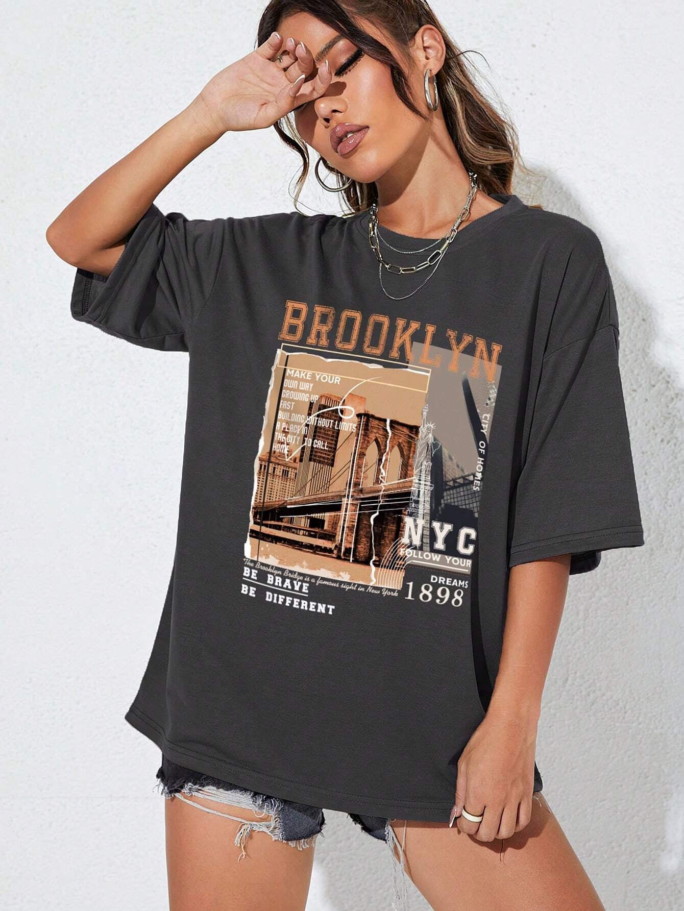 INAWLY Street View and Slogan Graphic Drop Shoulder Tee MAKE YOUR OWN WAY GROWING up FAST BUILDING without LIMITS a PLACE in the CITY to CALL HOME CITY of HOMES NYC FOLLOW YOUR DREAMS 1898 the Brooklyn Bridge Is a Famous Sight in New York BE BRAVE BE DIFFERENT Graphic Tees Women Tops