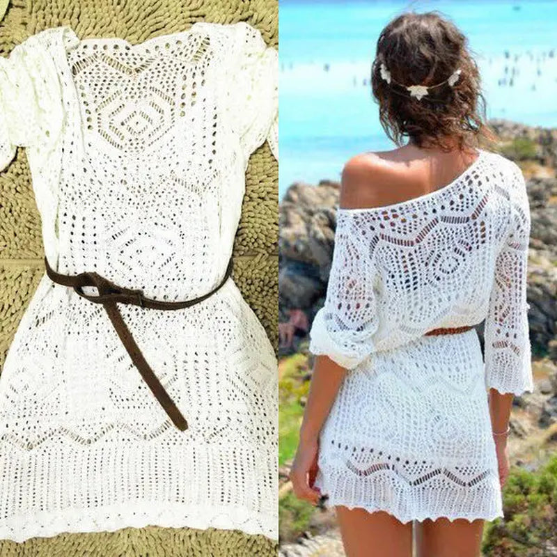 Summer Sexy Lace Crochet Beach Dress Women White See through Swimwear Swimsuit Cover up Mini Dresses