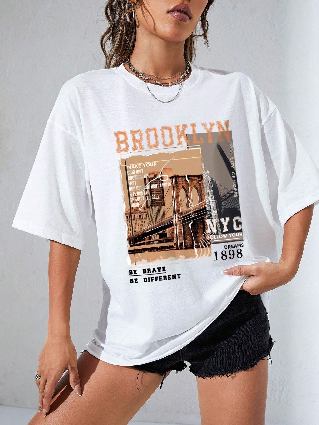 INAWLY Street View and Slogan Graphic Drop Shoulder Tee MAKE YOUR OWN WAY GROWING up FAST BUILDING without LIMITS a PLACE in the CITY to CALL HOME CITY of HOMES NYC FOLLOW YOUR DREAMS 1898 the Brooklyn Bridge Is a Famous Sight in New York BE BRAVE BE DIFFERENT Graphic Tees Women Tops